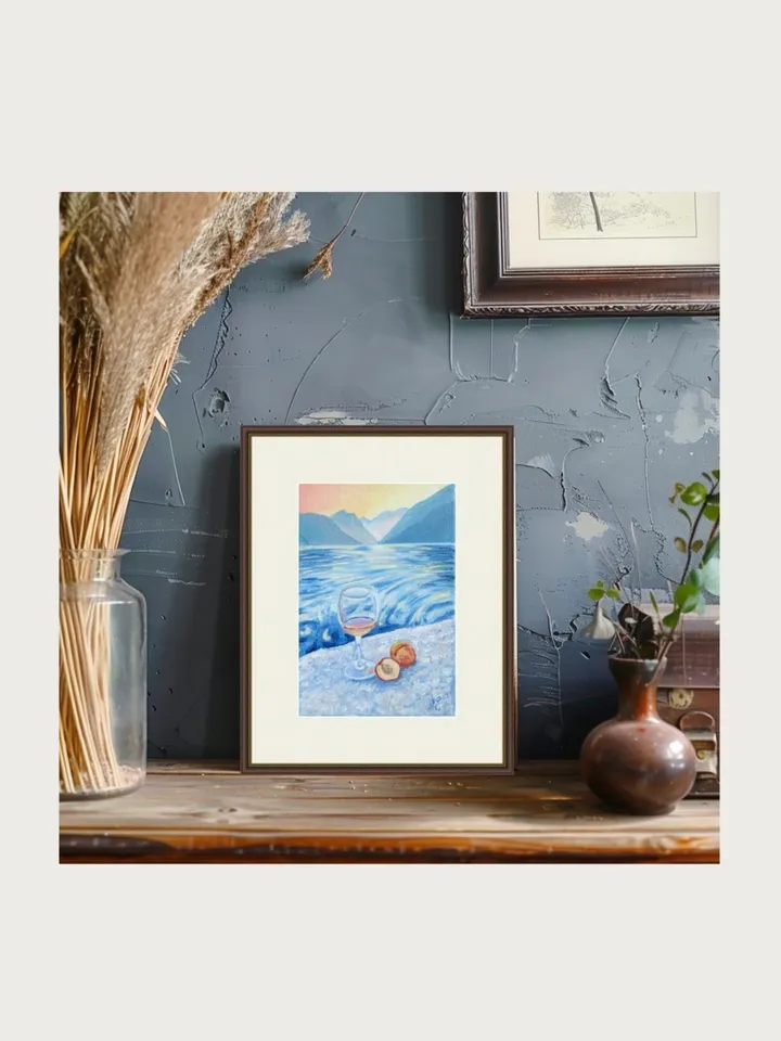 Original Mini Oil Painting Wine Glass at Sunset by the Lake Artwork Peaceful Lake Sunset with Hand-Painted Mini Oil Art