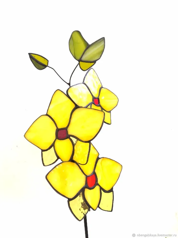 Lemon Orchids. Stained Glass, Lemon Orchid Stained Glass, Stained Glass of Lemon Orchids, Lemon Orchids in Stained Glass, Stained Glass Artwork: Lemon Orchids, Lemon Orchids in Tiffany Stained Glass, Lemon Orchid Glass Art