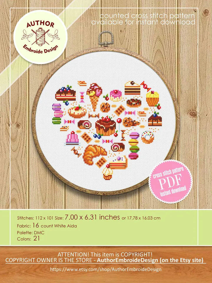 Dessert cross stitch pattern download PDF Small sweets sampler cross stitch, Mini food cross stitch chart, Bakery art, Kitchen decor #F14
