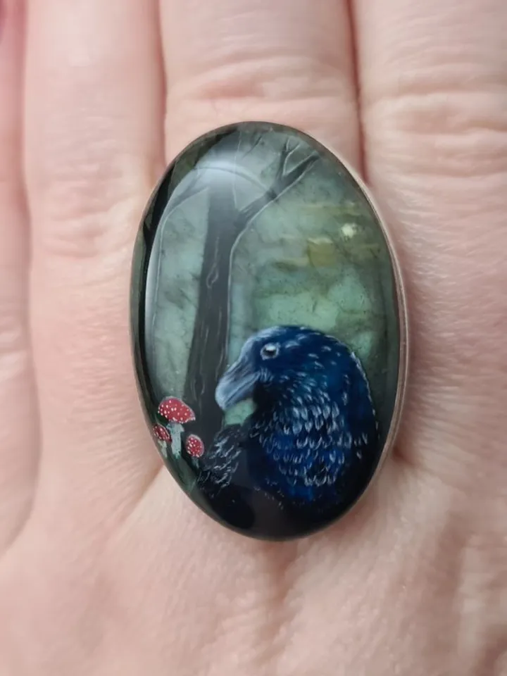 Raven ring Labradorite ring Stone painting Aaa large labradorite crow ring