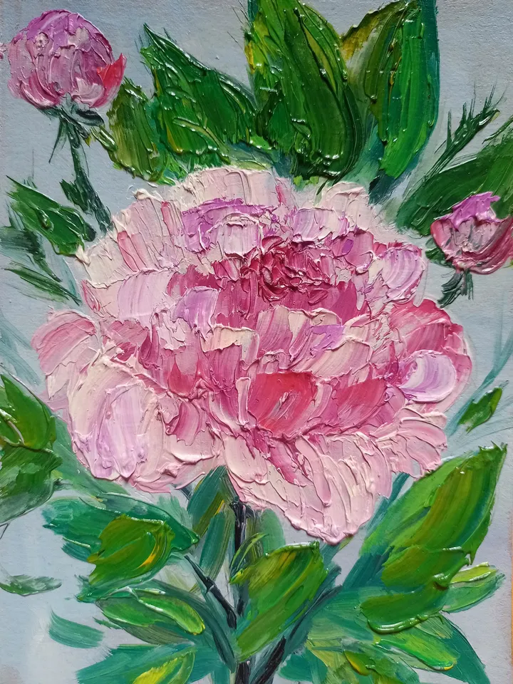 Small oil painting on cardboard portrait of a peony flower Pink flower in impasto painting, unique gift flowers wall art Floral wall décor