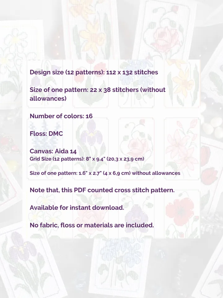 Set of 12 mini cross stitch patterns PDF, small cross stitch charts Flowers