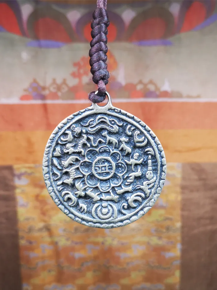 Gandhanra Antique Tibetan Buddhist Astrological Mandala,Calendar Badge,Melong Mirror,SIPAHO Amulet(srid pa ho),Made of Thokcha,60 Years Old