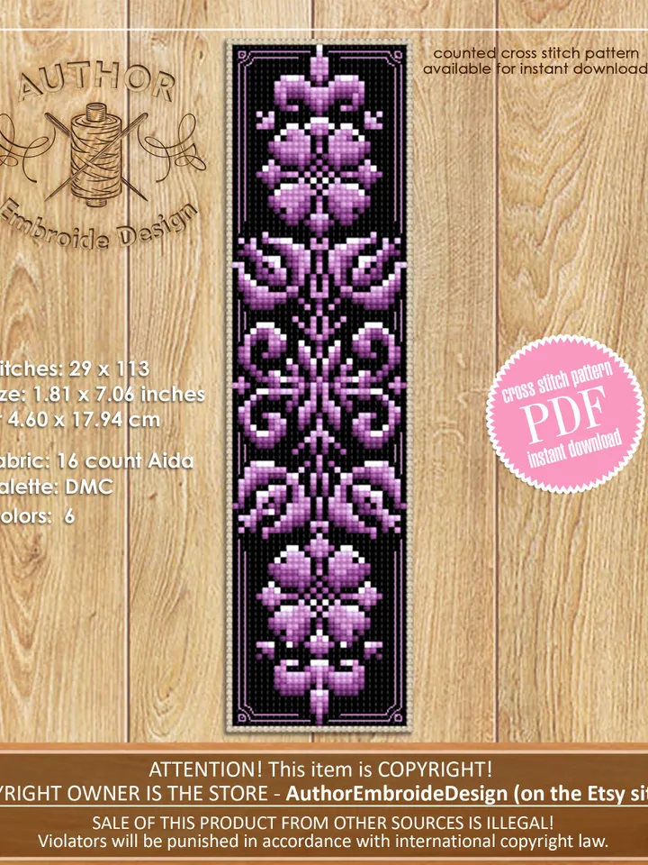 Floral ornament bookmark cross stitch pattern PDF download Modern Handmade bookmark digital PDF, Purple flowers cross stitch chart #B134