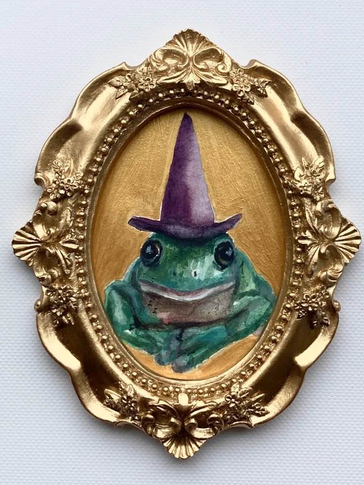 Framed Witch Frog Painting Original Green Frog Artwork Amphibians Art Watercolor Painting Tiny Artwork