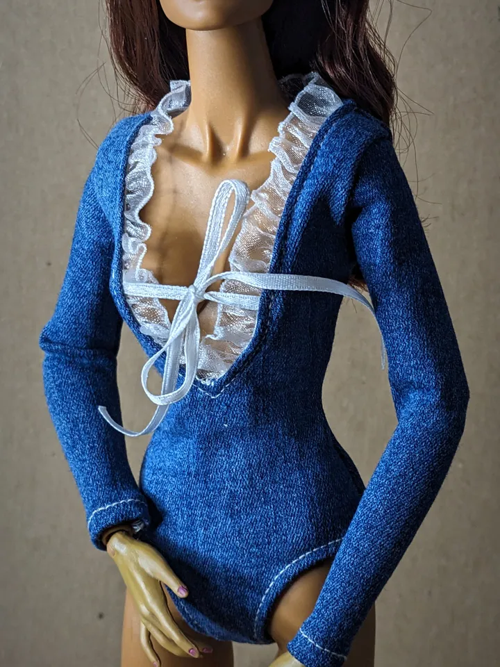 Handmade blue denim bodysuit for 16-inch Fashion Royalty dolls (FR16)