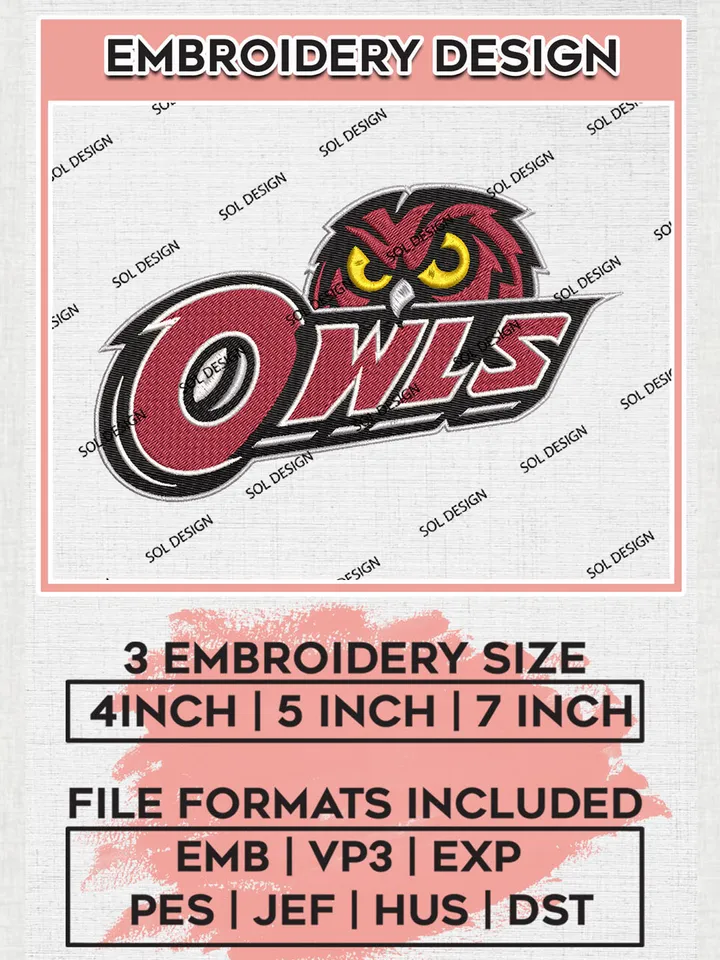 NCAA Temple Owls Team Logo Embroidery Design Files, NCAA Temple Owls Machine Embroidery, NCAA Teams, 3 sizes, NCAA Machine embroidery designs, Digital Download