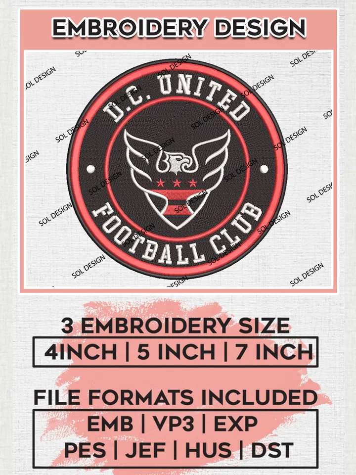 DC United Football Club Team Logo Embroidery Design, MLS DC United Logo Embroidery Files, Soccer Team Machine Embroidery, Machine Embroidery Design