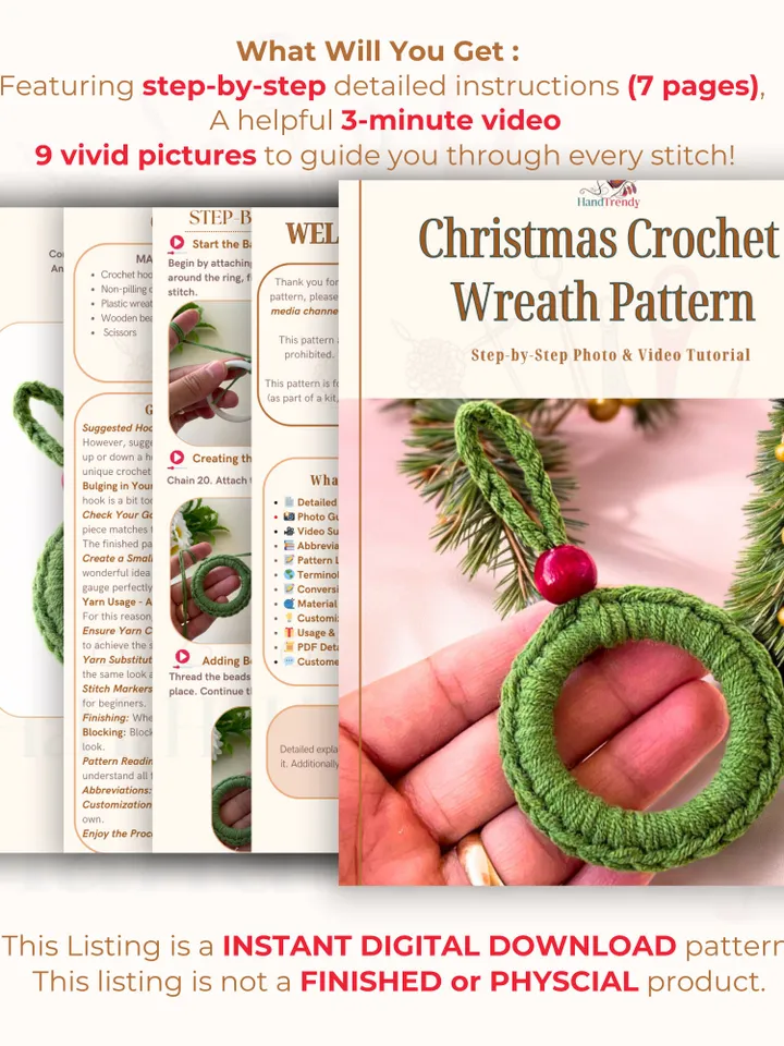 Christmas Crochet Wreath Pattern - Christmas Tree Decoration - Christmas Ornament Pattern |  Easy PDF for Beginners
