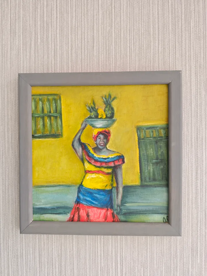 Latina Original Painting Colombian Woman Original Art Bright Latina With Fruits Modern Artwork Woman Bright Dress Wall Decor 8 x 8 inches by OlgaSokolovaArt