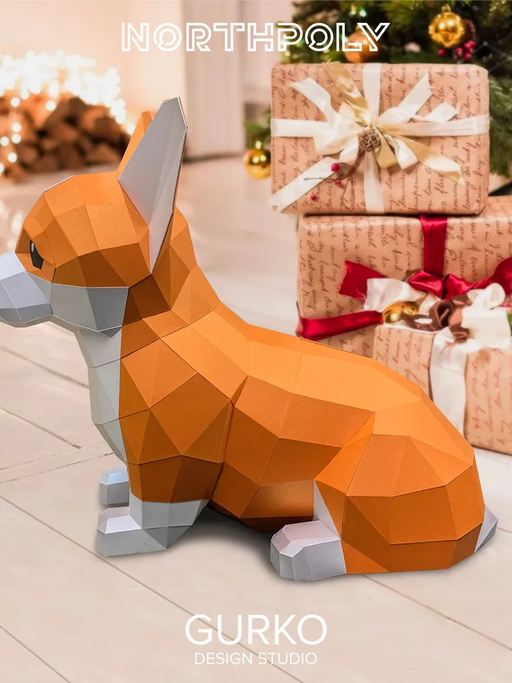Papercraft Corgi Puppy, Dog, Digital Template, PDF Download, Gurko, Low Poly, Pepakura, Origami Sculpture, Paper Party Decoration, DIY Gift