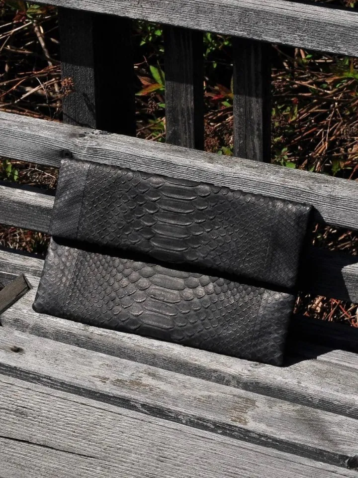 FAST DELIEVERY Black genuine python skin envelope clutch |  Foldover leather Woman Clutch | Elegant Classy Clutch bag | Snakeskin small bag