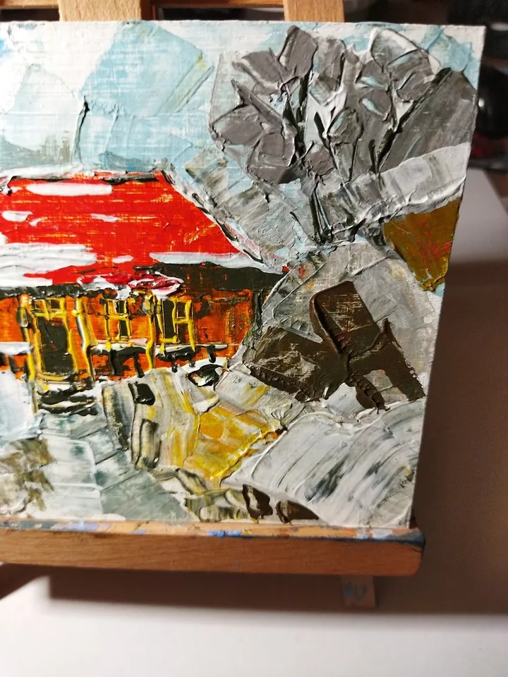small picture of winter landscape,house in the forest,house in the snow,oil