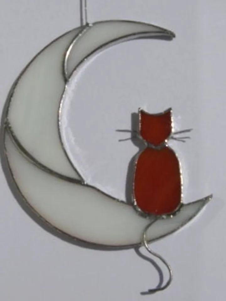 Ginger Cat On The Moon stained glass window hanging Suncatcher . Gift for animal lover , pet loss memorial , orange