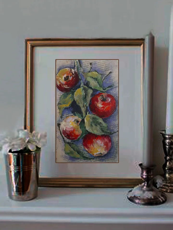 Miniature oil painting Apples on a branch 21x12,5 cm (8.28 х 5 inches)