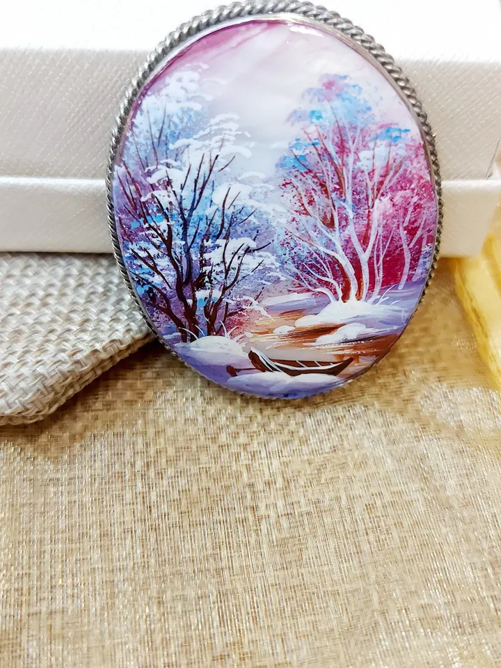 Brooches for women: river and charming little boat in a snow-covered forest on pearl brooch • purple dainty handmade jewelry • Aesthetic pin