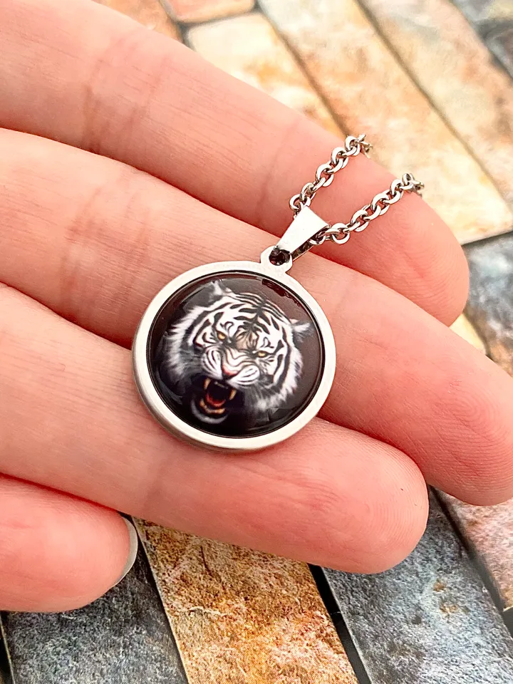 White tiger head necklace, steel pendant with glass, Wild cats lover gift
