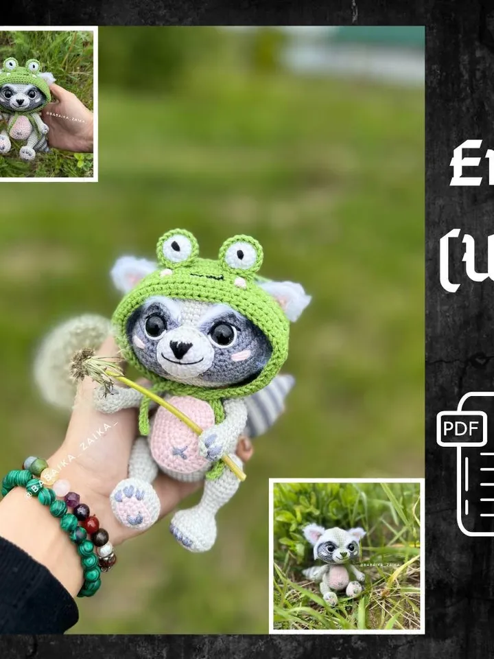PDF Crochet Raccoon in a Frog Hat Pattern, Amigurumi Animal, Crochet Raccoon Pattern, Amigurumi Frog, Crochet Frog, Raccoon Doll Pattern