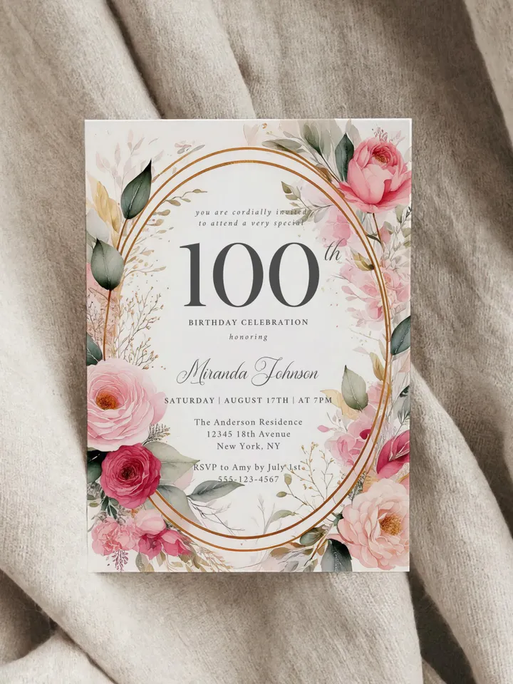 100th Birthday Invitation for Women – Blush Pink & Gold Floral, Elegant Printable Party Invite for Grandma or Mom, Digital Canva Template