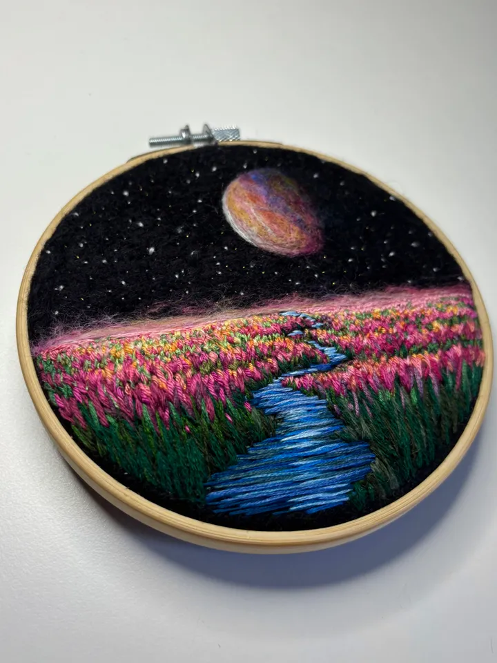 Embroidered and needle felted painting "Celestial river"