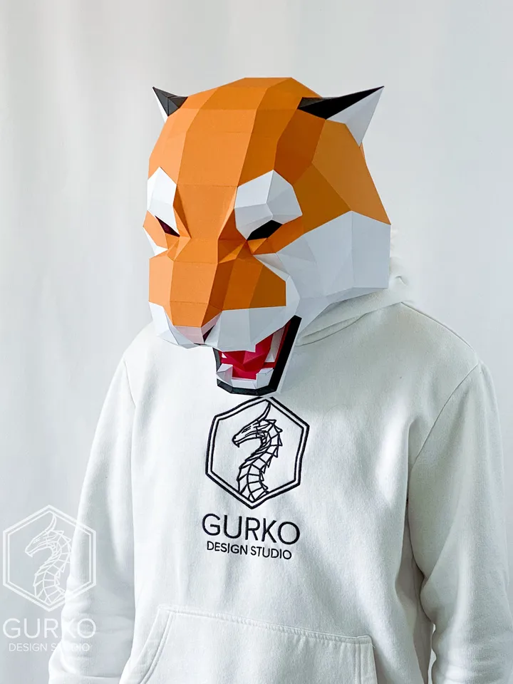 Angry Tiger Mask Papercraft, Cat, Digital Template, PDF Download, Gurko, 3D Low Poly Animal Mask, DIY Origami, Pepakura, Paper Mask, Costume