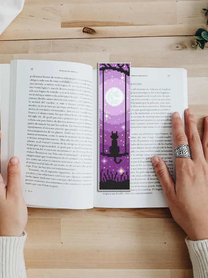Cat Bookmark cross stitch pattern download PDF Funny handmade bookmark digital PDF, Cute Black cat embroidery, Starry night sky, Moon #B109