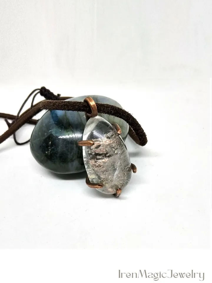 Aquarium Quartz Pendant in Copper Frame on Leather Cord