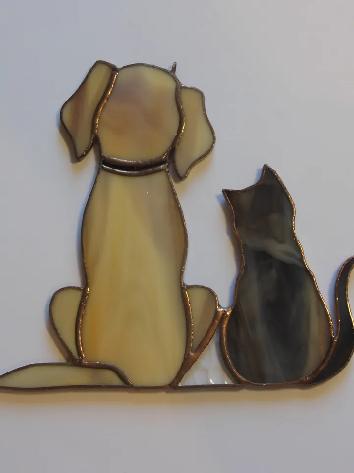 Dog and Cat , Retriever Labrador , Art stained glass hanging . Gift animal lover , pet loss memorial , Golden , black , white , gray , beige