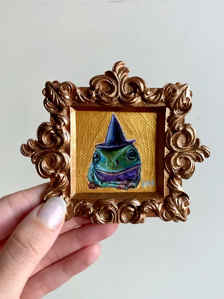 Framed Frog Painting Original Witch Frog Artwork Amphibians Art Tiny Oil Painting