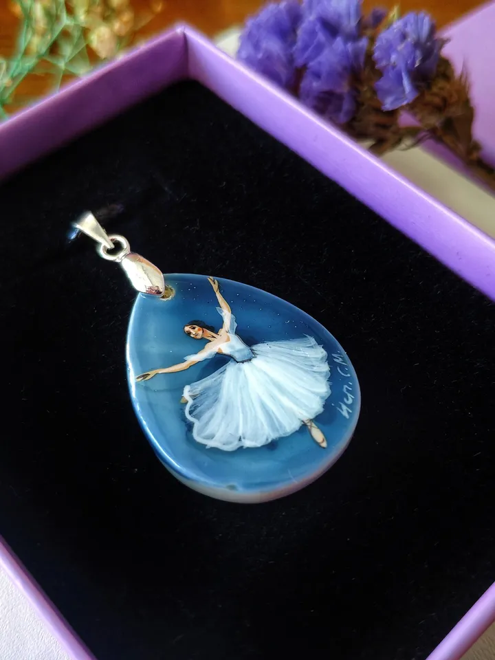 Pearl pendant necklace: Thumbelina tiniest ballerina dancer • Painted lacquer art shell • Original extra small painting on dainty pendant