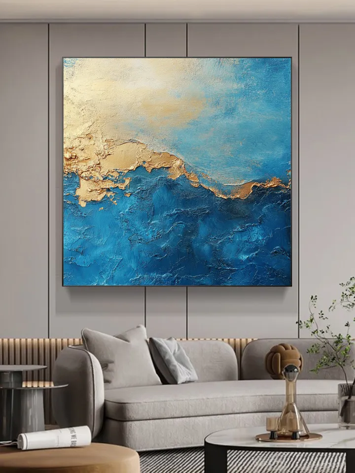 Abstract Gold leaf Oil Painting on Canvas, Original Blue Painting, Large Wall Art, Custom Painting, Living room Office Wall Art, Home Deocr