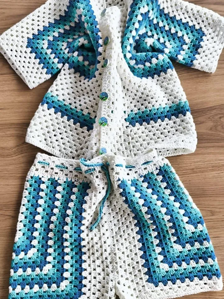 Summer Ready: Granny Square Crochet Short and Top in Blue and White - Boho Style Fashion