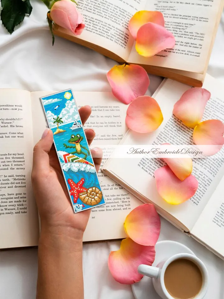 Beach bookmarks cross stitch pattern PDF download Funny frog cross stitch chart Summer bookmark set pattern digital PDF Beach vacation #B456