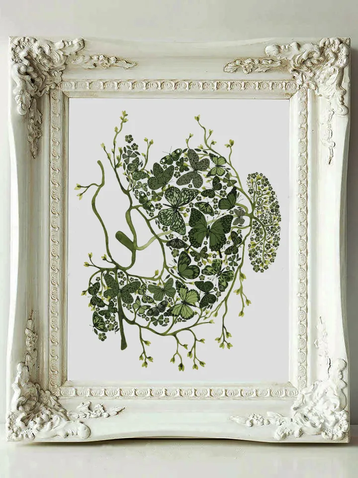 Watercolor poster "BUTTERFLIES IN STOMACH", green stomach illustration DIGITAL PRINT, Valentine's Day