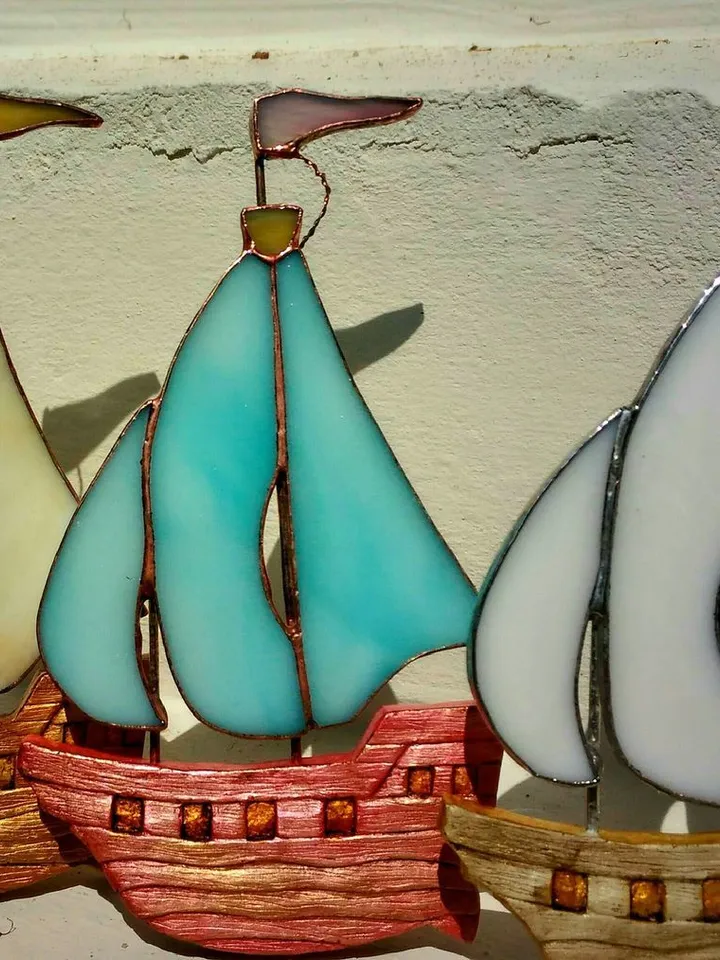 Tiffany Stained Glass: Sailboat, Tiffany Stained Glass Boat, Handmade Stained Glass Sailboat, Small Glass Ship in Tiffany Style, Decorative Glass Boat Figurine, Stained Glass Nautical Keepsake