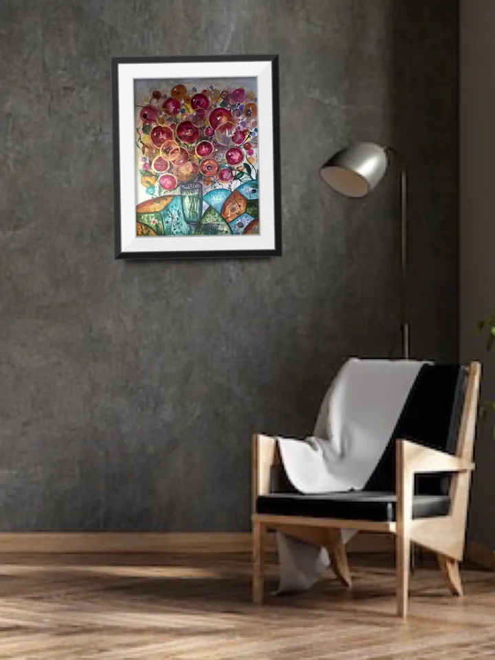 Flowers in a vase fantasy,original watercolor painting,colourful fantasy flowers wall art,home decoration,gift