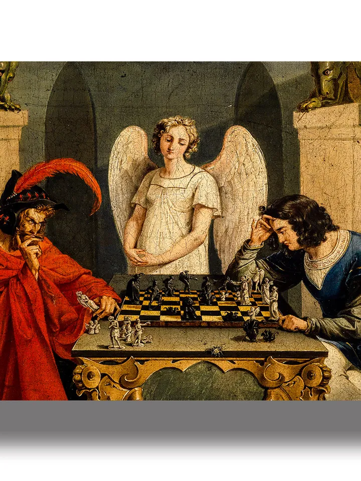 Faust and Mephistopheles playing chess. Occult home decoration.