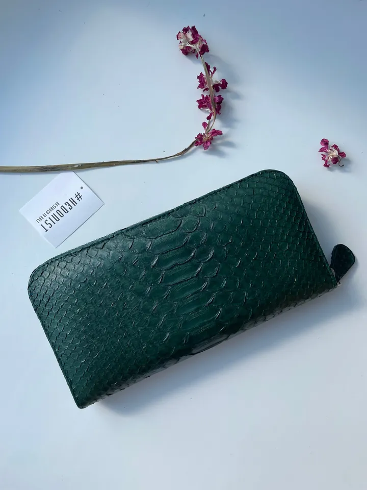 Python Wallet Dark Green | Genuine Python Skin Green Bottle Color Wallet Unissex | Calssy Elegant Python Genuine Leather Wallet Handmade New