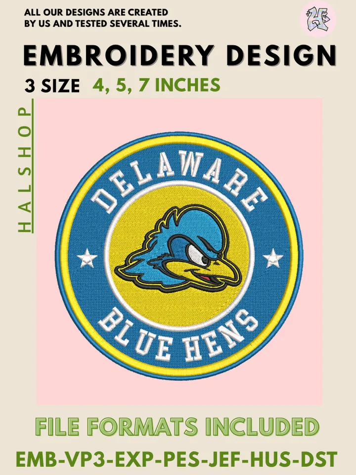 NCAA Delaware Blue Hens Logo Embroidery Design, College Team Machine Embroidery Files, Digital Download