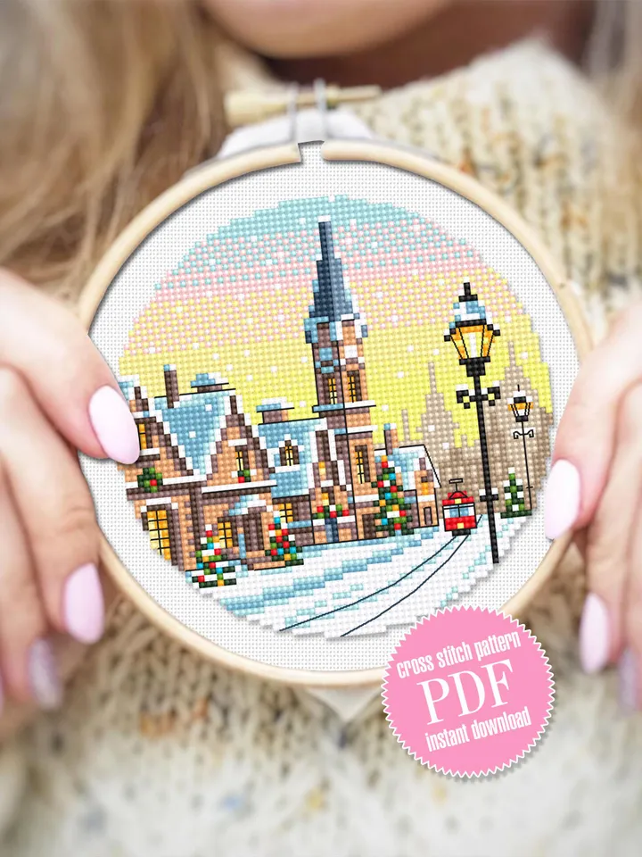 Christmas village cross stitch pattern PDF download Winter landscape cross stitch chart, Christmas pattern digital PDF, Snow landscape #N184