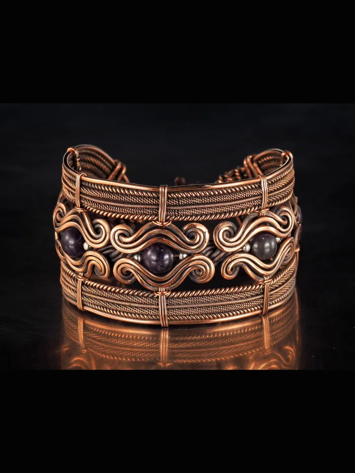 Copper wire wrapped bracelet with amethyst for lady Antique style WireWrapArt