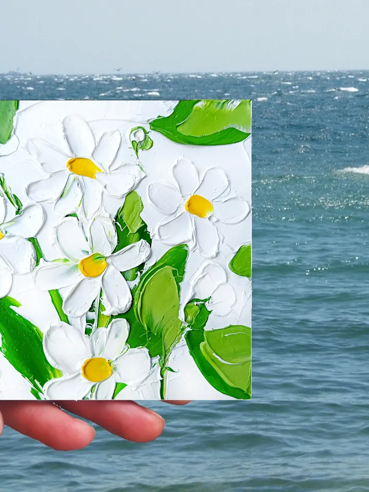 Daisy Painting Floral Original Art Impasto Oil 4x4 Painting gifts Chamomile Flower Small Original Artwork Wildflower Heavy Texture Miniature