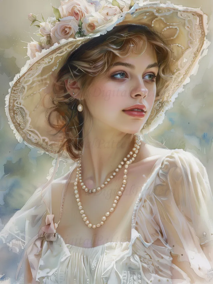 Digital illustration.French woman. Romantic girl with a hat. Digital painting. Wall decor in pastel colors. Parisienne. Instant download.