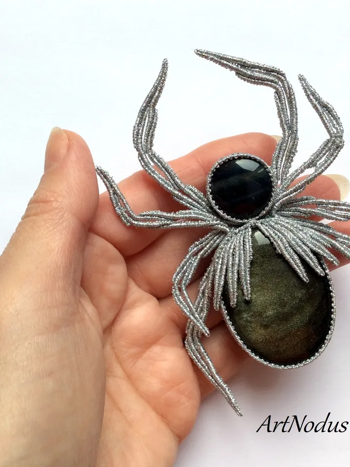 Silver Obsidian Spider brooch