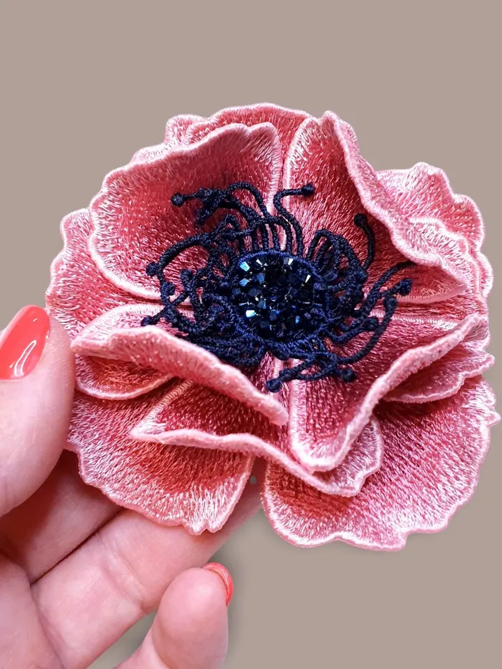 Poppy Brooch Hairpin FSL Machine embroidery design Digital embroidery pattern Free standing lace flower file