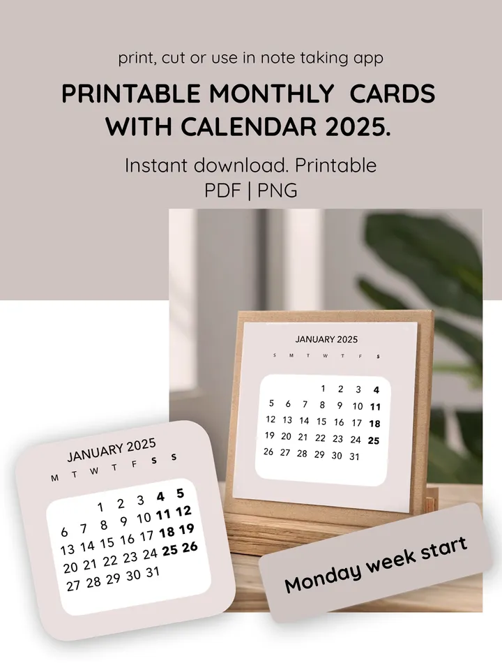 Printable Desk Calendar Monthly Cards: Craft Your Perfect Planner Divider Today! Monthly desk calendar. 12 month 2025 calendar. Calendar crafting. Monday week start