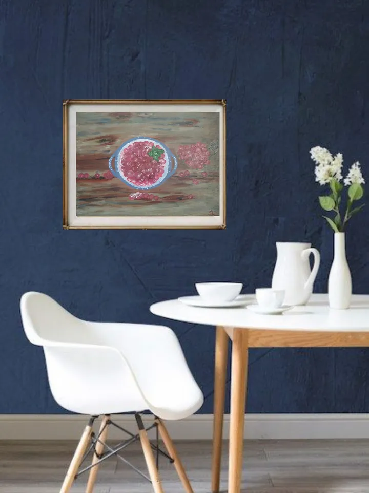 Still life with fruits, plate with cranberries in sugar on wooden table, painting for kitchen, canvas 18x14 inches