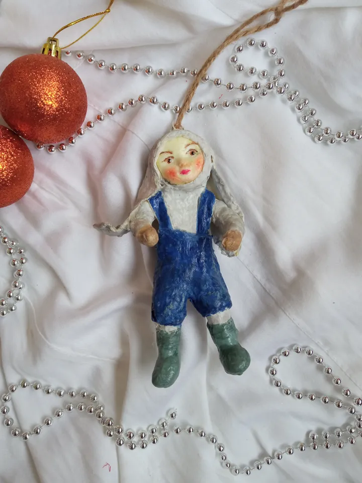 One-of-a-Kind Bunny Boy Doll - Handcrafted Ornament for Tree or Room Decor Art doll. Christmas tree toy. Holiday's gifts