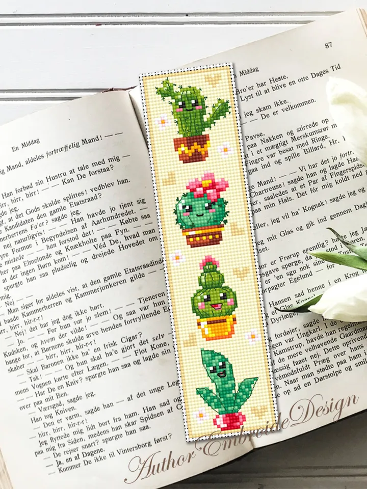 Cactus bookmark cross stitch pattern PDF download Kawaii cactus cross stitch chart, Floral bookmark pattern digital PDF, Potted plants #B342