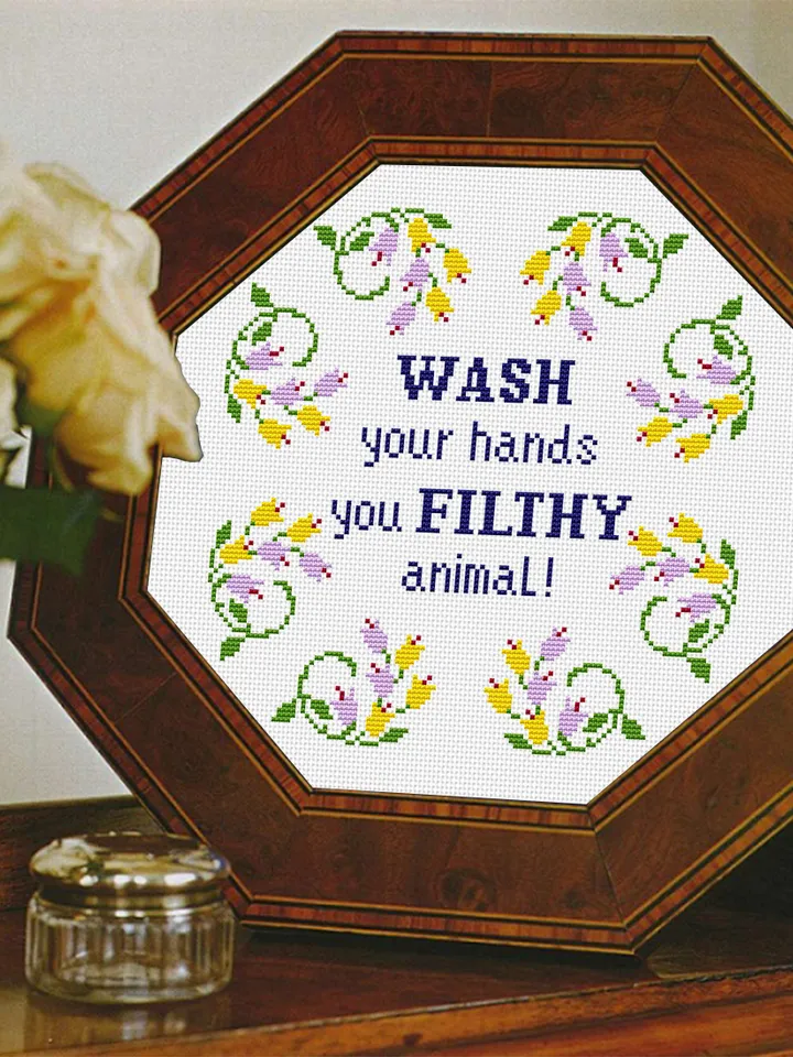 Snarky cross stitch pattern PDF download Wash your hands Funny cross stitch design Floral wreath xstitch chart Framed quote embroidery #Q27